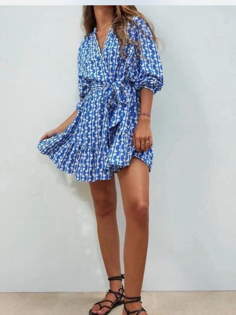 Zara Blue Patterned Wrap Mini Dress | Size XS